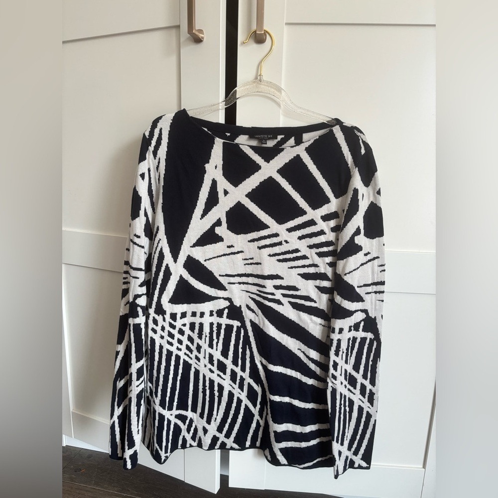 Lafayette 148 Navy Blue and White Sweater Size Large Silk Cotton Blend